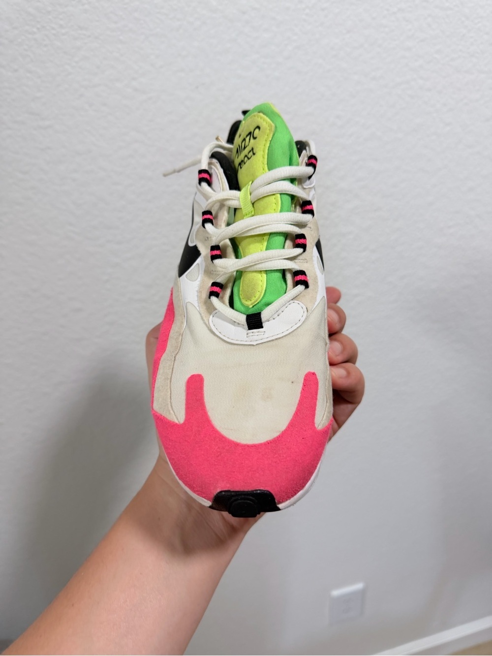 Nike Women's Pink, Neon Green & Black Air Max 270 React Sneakers - Picture 2 of 9